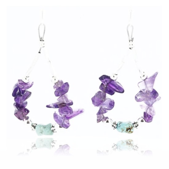 Certified Authentic Navajo .925 Sterling Silver Hooks Natural Turquoise AMETHYST Native American Earrings 371018643102
