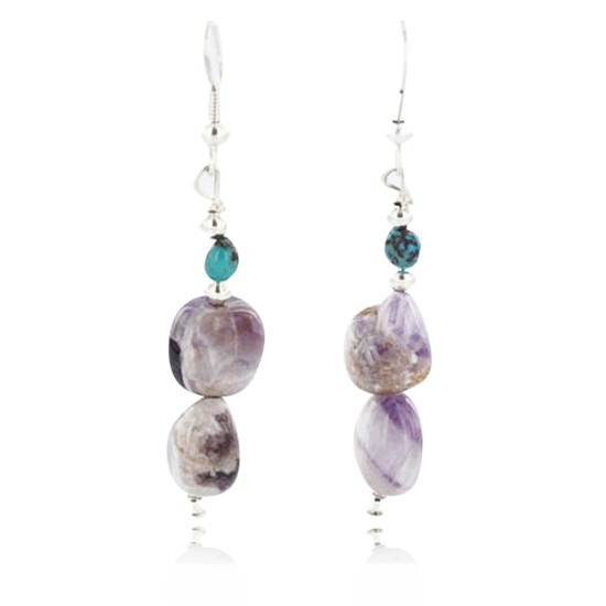 Certified Authentic Navajo .925 Sterling Silver Hooks Natural Turquoise Amethyst Native American Earrings 390813107762
