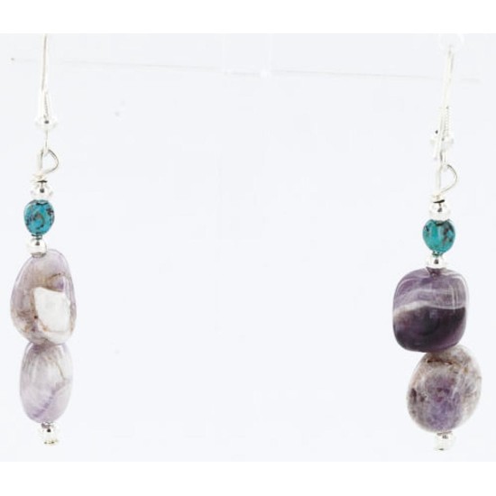 Certified Authentic Navajo .925 Sterling Silver Hooks Natural Turquoise Amethyst Native American Earrings 390813107762