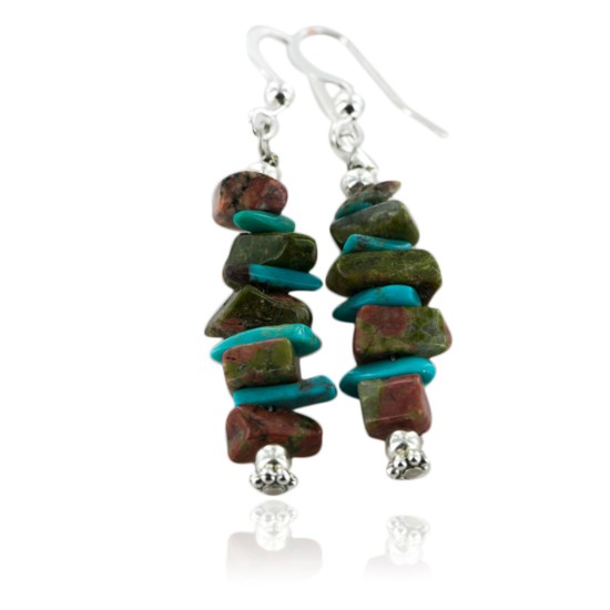 Certified Authentic Navajo .925 Sterling Silver Hooks Natural Turquoise and JASPER Native American Earrings 18062