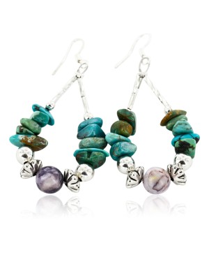 Certified Authentic Navajo .925 Sterling Silver Hooks Natural Turquoise and Jasper Native American Earrings 18098-1