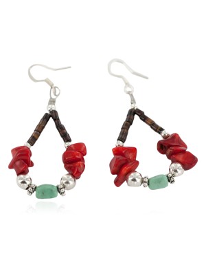 Certified Authentic Navajo .925 Sterling Silver Hooks Natural Turquoise Coral Heishi Hoop Native American Dangle Earrings 18263-26