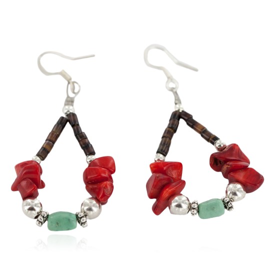 Certified Authentic Navajo .925 Sterling Silver Hooks Natural Turquoise Coral Heishi Hoop Native American Dangle Earrings 18263-26
