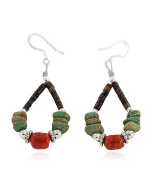 Certified Authentic Navajo .925 Sterling Silver Hooks Natural Turquoise Coral Heishi Hoop Native American Dangle Earrings 18263-34
