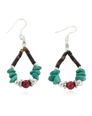 Certified Authentic Navajo .925 Sterling Silver Hooks Natural Turquoise Coral Heishi Hoop Native American Dangle Earrings 18263-35