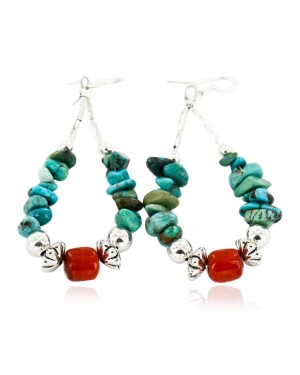 Certified Authentic Navajo .925 Sterling Silver Hooks Natural Turquoise Coral Native American Earrings 18098-4