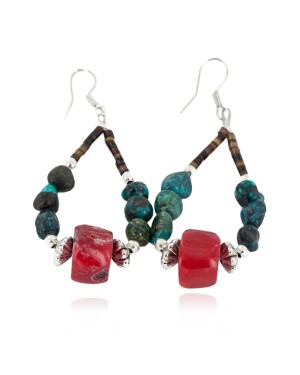 Certified Authentic Navajo .925 Sterling Silver Hooks Natural Turquoise CORAL Native American Earrings  18102-2