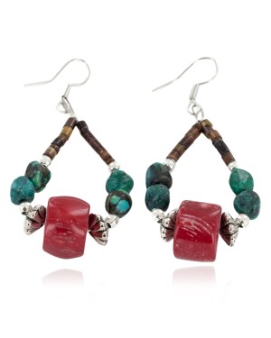 Certified Authentic Navajo .925 Sterling Silver Hooks Natural Turquoise CORAL Native American Earrings  18102-4