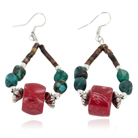 Certified Authentic Navajo .925 Sterling Silver Hooks Natural Turquoise CORAL Native American Earrings  18102-4