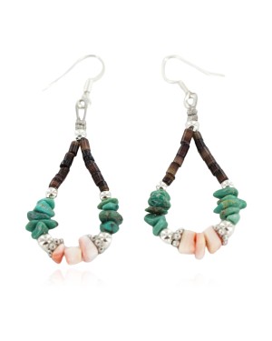 Certified Authentic Navajo .925 Sterling Silver Hooks Natural Turquoise Heishi Hoop Native American Dangle Earrings 18263-27