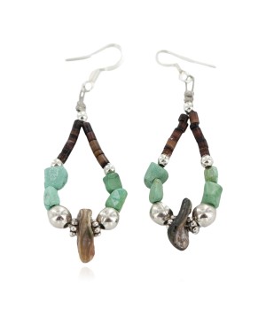 Certified Authentic Navajo .925 Sterling Silver Hooks Natural Turquoise Heishi Shell Hoop Native American Dangle Earrings 18263-29