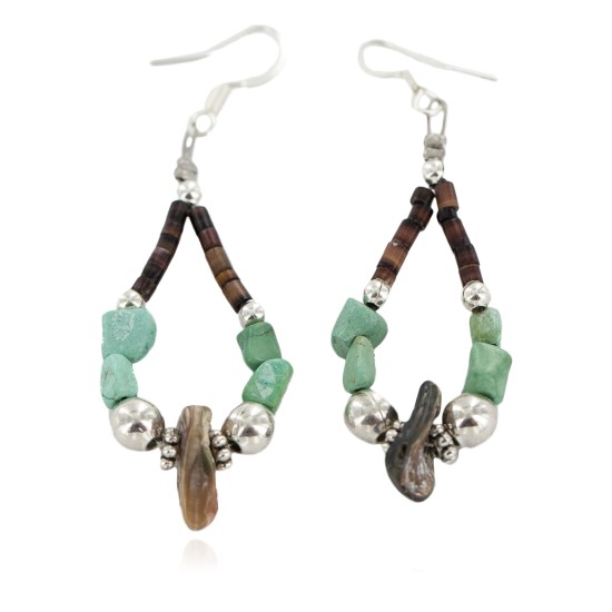 Certified Authentic Navajo .925 Sterling Silver Hooks Natural Turquoise Heishi Shell Hoop Native American Dangle Earrings 18263-29