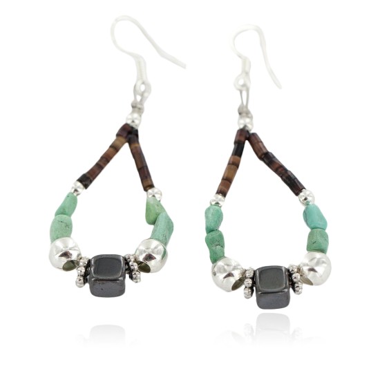 Certified Authentic Navajo .925 Sterling Silver Hooks Natural Turquoise Hematite Heishi Hoop Native American Dangle Earrings 18263-39