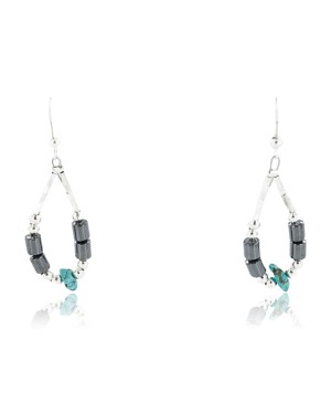 Certified Authentic Navajo .925 Sterling Silver Hooks Natural Turquoise Hematite Native American Earrings 371037382848