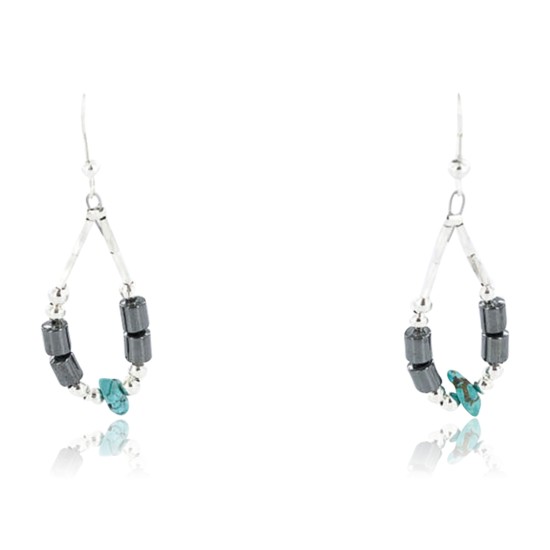 Certified Authentic Navajo .925 Sterling Silver Hooks Natural Turquoise Hematite Native American Earrings 371037382848