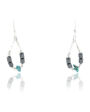 Certified Authentic Navajo .925 Sterling Silver Hooks Natural Turquoise Hematite Native American Earrings 390814169540