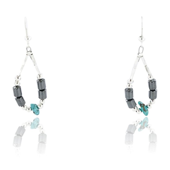 Certified Authentic Navajo .925 Sterling Silver Hooks Natural Turquoise Hematite Native American Earrings 390814169540