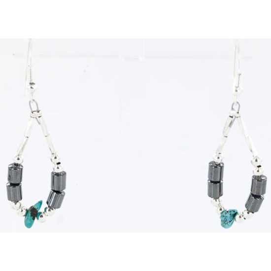 Certified Authentic Navajo .925 Sterling Silver Hooks Natural Turquoise Hematite Native American Earrings 390814169540