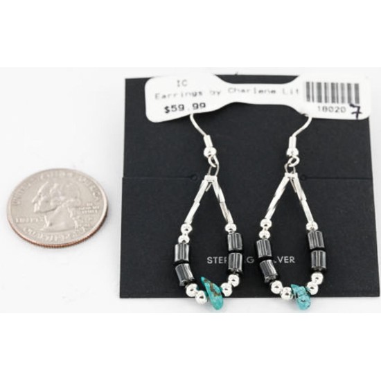 Certified Authentic Navajo .925 Sterling Silver Hooks Natural Turquoise Hematite Native American Earrings 390814169540