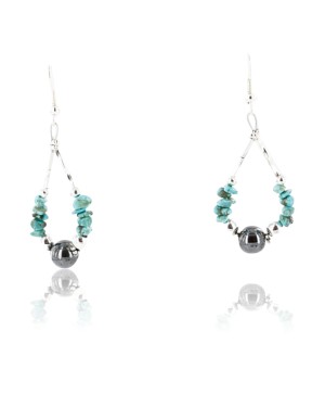 Certified Authentic Navajo .925 Sterling Silver Hooks Natural Turquoise Hematite Native American Earrings 390828966819