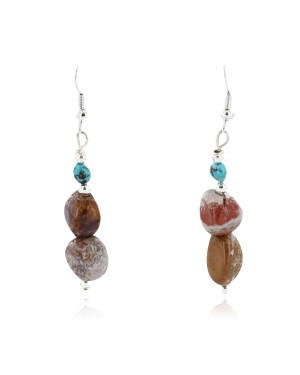 Certified Authentic Navajo .925 Sterling Silver Hooks Natural Turquoise Jasper Native American Earrings 66633