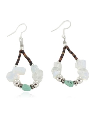 Certified Authentic Navajo .925 Sterling Silver Hooks Natural Turquoise Opalite Heishi Hoop Native American Dangle Earrings 18263-25