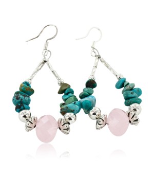Certified Authentic Navajo .925 Sterling Silver Hooks Natural Turquoise Pink Quartz Native American Earrings 18098-3