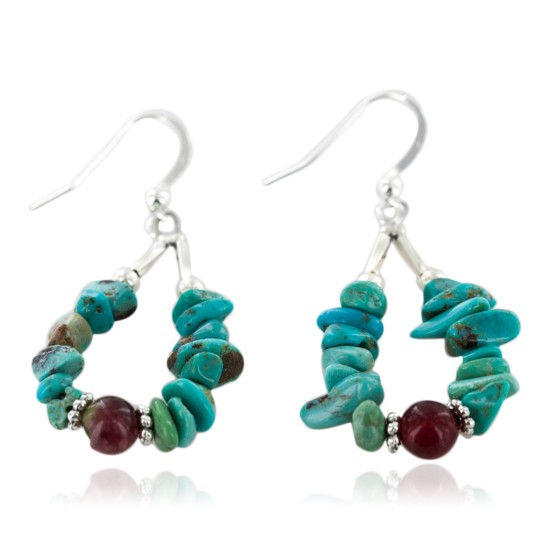 Certified Authentic Navajo .925 Sterling Silver Hooks Natural Turquoise Red Quartz Native American Earrings 18069