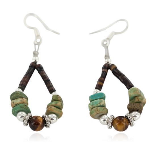 Certified Authentic Navajo .925 Sterling Silver Hooks Natural Turquoise Tigers Eye Heishi Hoop Native American Dangle Earrings 18263-22