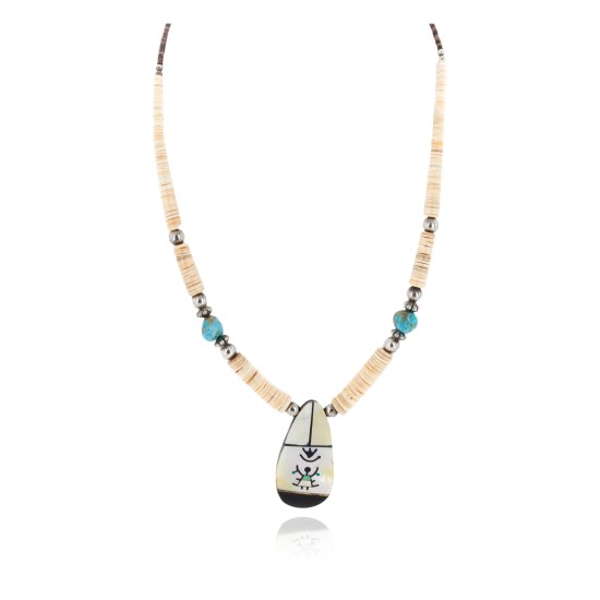 Certified Authentic Navajo .925 Sterling Silver Inlay Natural Graduated Melon Shell Mother of Pearl Turquoise Native American Necklace 15777-341