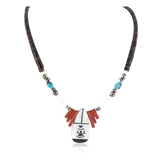 Certified Authentic Navajo .925 Sterling Silver Inlay Natural Graduated Melon Shell Turquoise Mother of Pearl Red Jasper Native American Necklace 15481-22