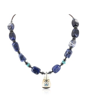 Certified Authentic Navajo .925 Sterling Silver Inlay Natural Mother of Pearl Lapis Hematite Native American Necklace 25201-1