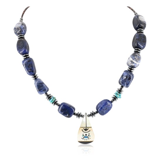 Certified Authentic Navajo .925 Sterling Silver Inlay Natural Mother of Pearl Lapis Hematite Native American Necklace 25201-1