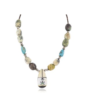 Certified Authentic Navajo .925 Sterling Silver Inlay Natural Turquoise Mother of Pearl Green Jasper Native American Necklace 15213-320