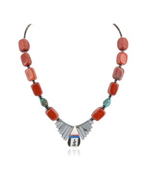 Certified Authentic Navajo .925 Sterling Silver Inlay Natural Turquoise Red Jasper Mother of Pearl Lapis Hematite Native American Necklace 15757-21