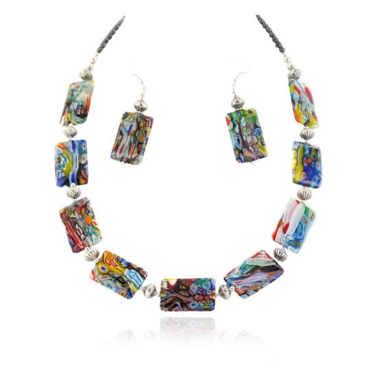 Certified Authentic Navajo .925 Sterling Silver Multicolor Glass Natural Hematite Set 17057