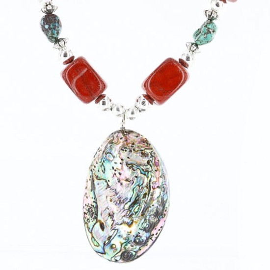 Certified Authentic Navajo .925 Sterling Silver Natural Abalone, Turquoise and Jasper Native American Necklace 750103-3
