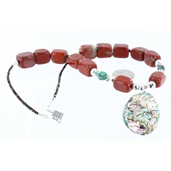 Certified Authentic Navajo .925 Sterling Silver Natural Abalone, Turquoise and Jasper Native American Necklace 750103-3