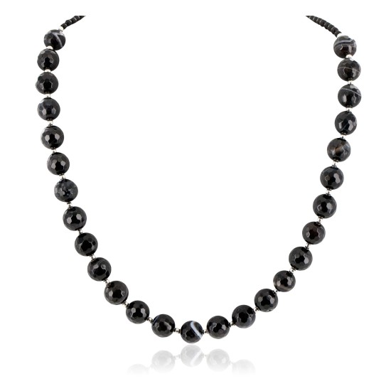 Navajo .925 Sterling Silver Natural Agate Black Onyx Necklace NB160109011903