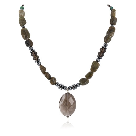 Certified Authentic Navajo .925 Sterling Silver Natural Agate Smoky Quartz Hematite Native American Necklace 750198-9