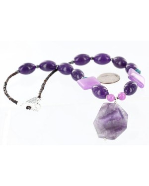 Certified Authentic Navajo .925 Sterling Silver Natural Amethyst Turquoise Agate Native American Necklace 750109-1-0