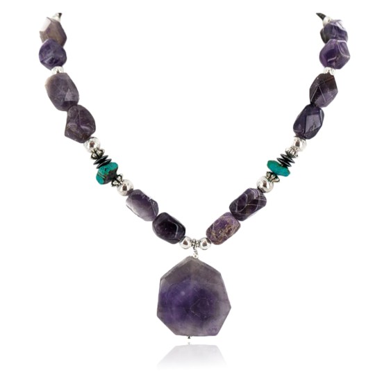 Certified Authentic Navajo .925 Sterling Silver Natural Amethyst Turquoise Hematite Native American Necklace 750198-6