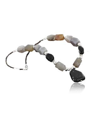 Certified Authentic Navajo .925 Sterling Silver Natural Black Onyx and Agate Native American Necklace 15455-11