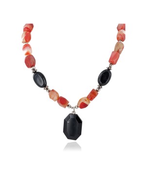 Certified Authentic Navajo .925 Sterling Silver Natural Black Onyx Carnelian Native American Necklace 15760-11