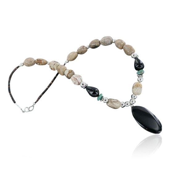 Certified Authentic Navajo .925 Sterling Silver Natural BOULDER Turquoise and Onyx Native American Necklace 15213-20