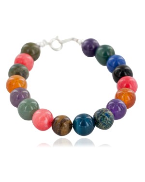 Certified Authentic Navajo .925 Sterling Silver Natural Carnelian Tigers Eye Amethyst Jade Native American Bracelet 13038-21