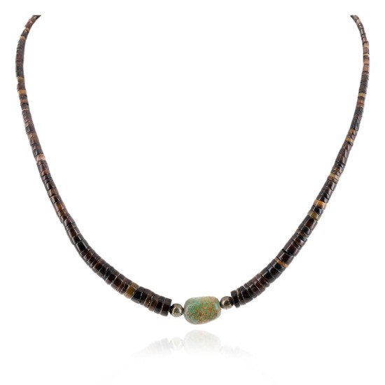Certified Authentic Navajo .925 Sterling Silver Natural Dark Graduated Heishi and Turquoise Native American Necklace 15262-55