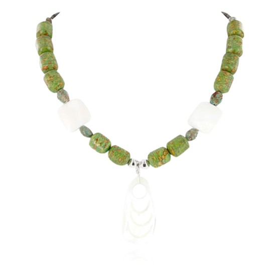 Certified Authentic Navajo .925 Sterling Silver Natural Gaspeite and Mother of Pearl Native American Necklace 390842127072