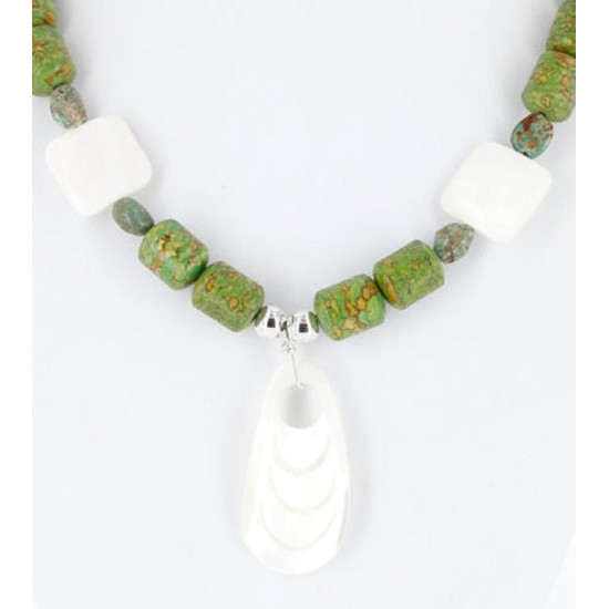 Certified Authentic Navajo .925 Sterling Silver Natural Gaspeite and Mother of Pearl Native American Necklace 390842127072