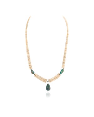 Certified Authentic Navajo .925 Sterling Silver Natural Graduated Melon Shell and Turquoise Native American Necklace 15213-33